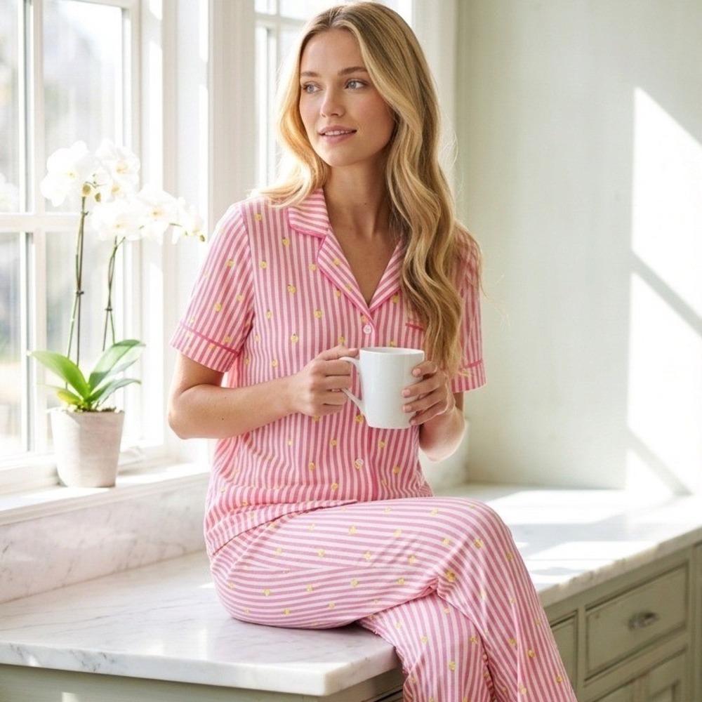 Room Service XL Pajama Set Womens Pink Lemon Stripe 2-Piece Notch Collar